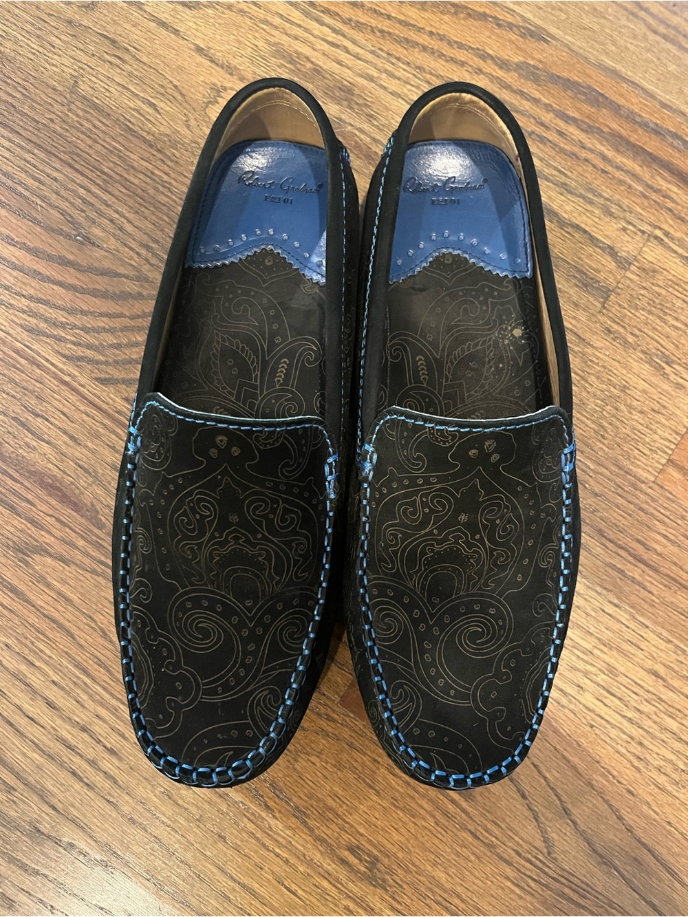 Robert Graham Blk leather Paisley upper Loafers with Blue Accents Stitching 10.5